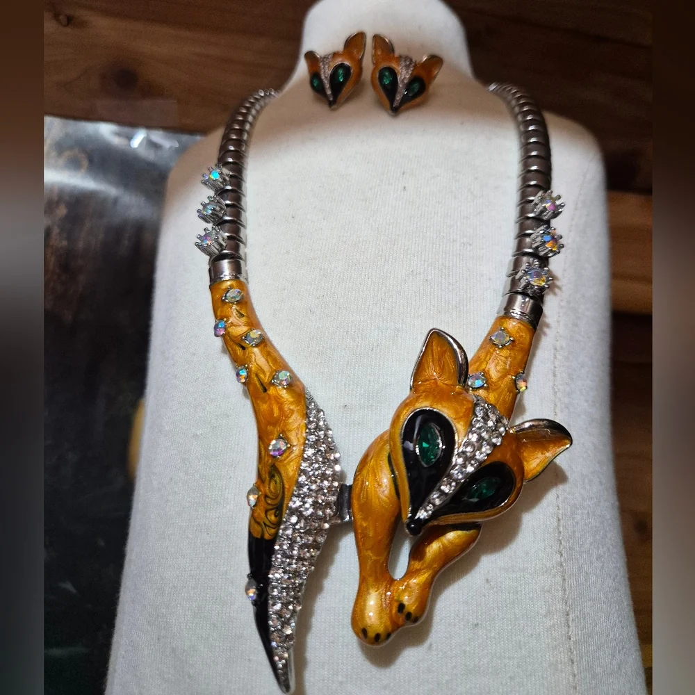 Enamel Fox Necklace Set with Gold and Black Enamel Accents